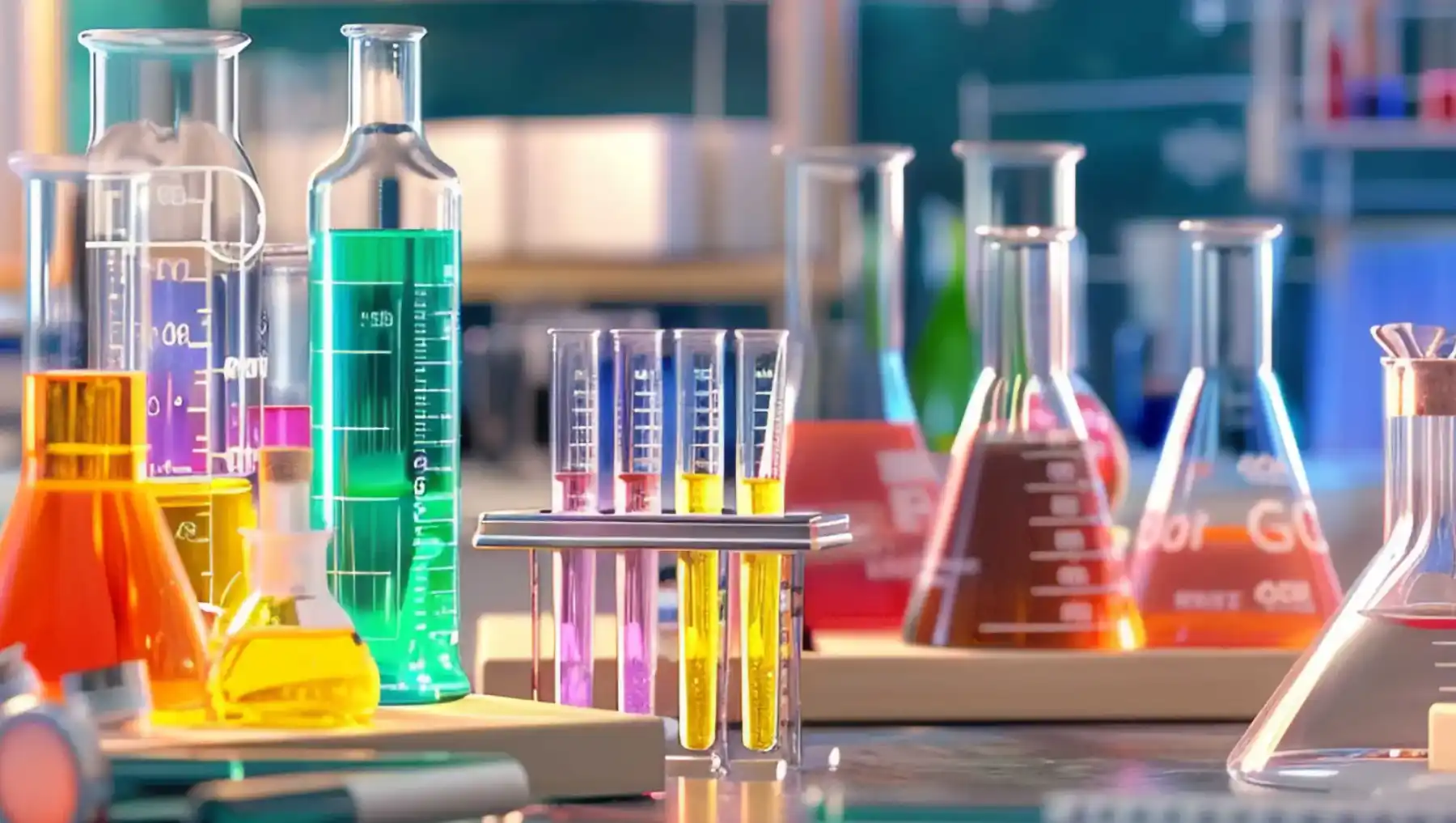 Inventaire d'éprouvettes et de fioles Erlenmeyer multicolores dans un labotatoire
