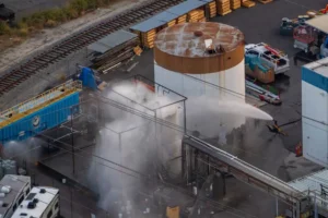 Industrial site with a large white storage tank venting a dense plume of steam amid pipes, equipment, and trailers nearby.