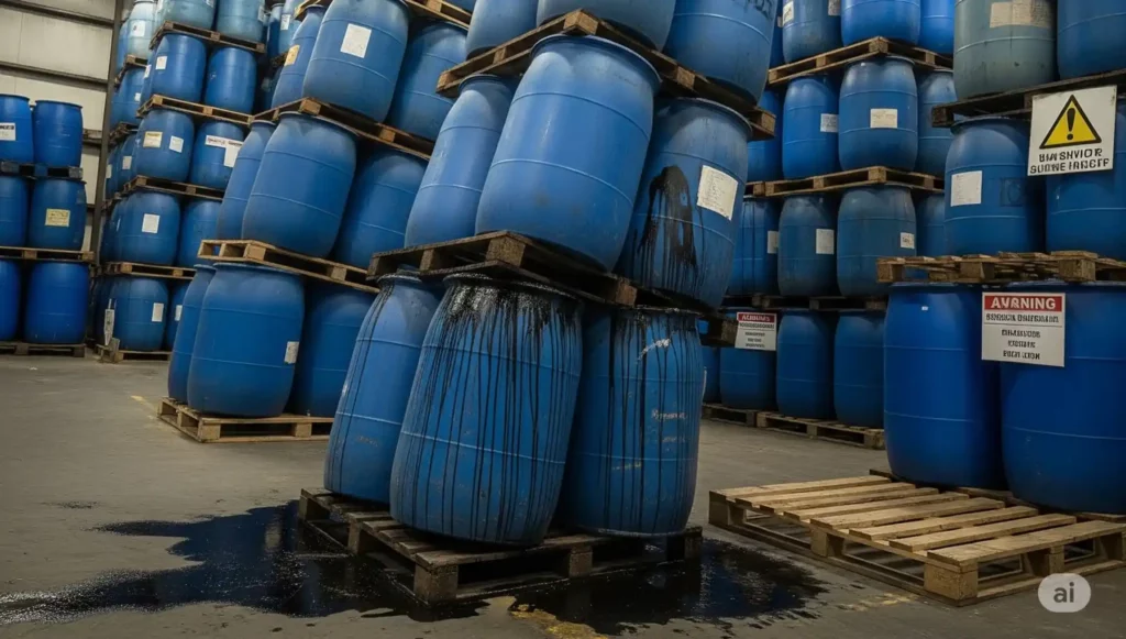 Bidons de 220 litres empilés de façon dangereuse (AiI gemini generated)