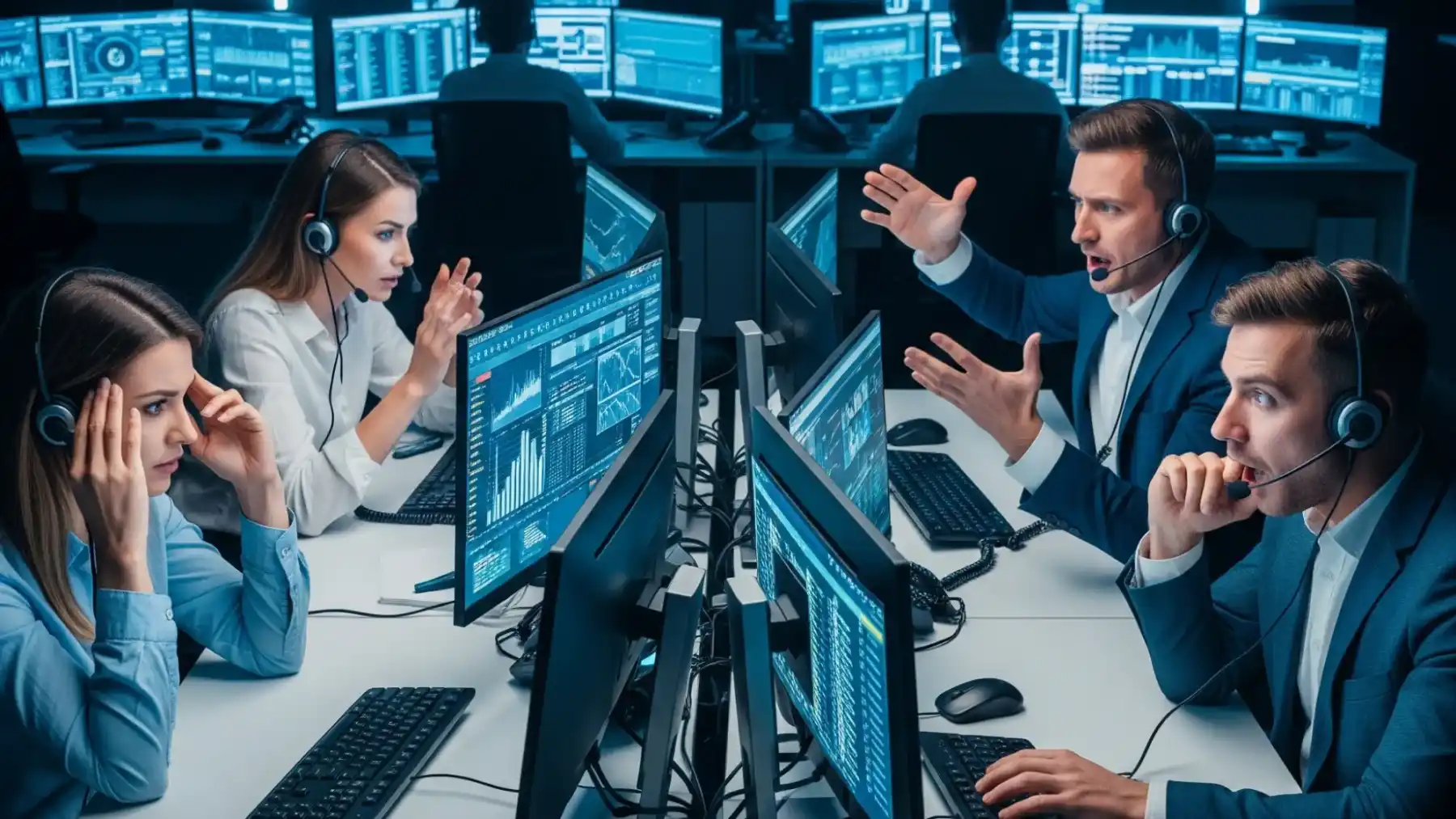 Quatre personnes, assis à une table, comme dans un call center avec téléphone, casque à micro de standardiste et écrans, auxquelles on pose une foule de questions, dans un décor high-tech.