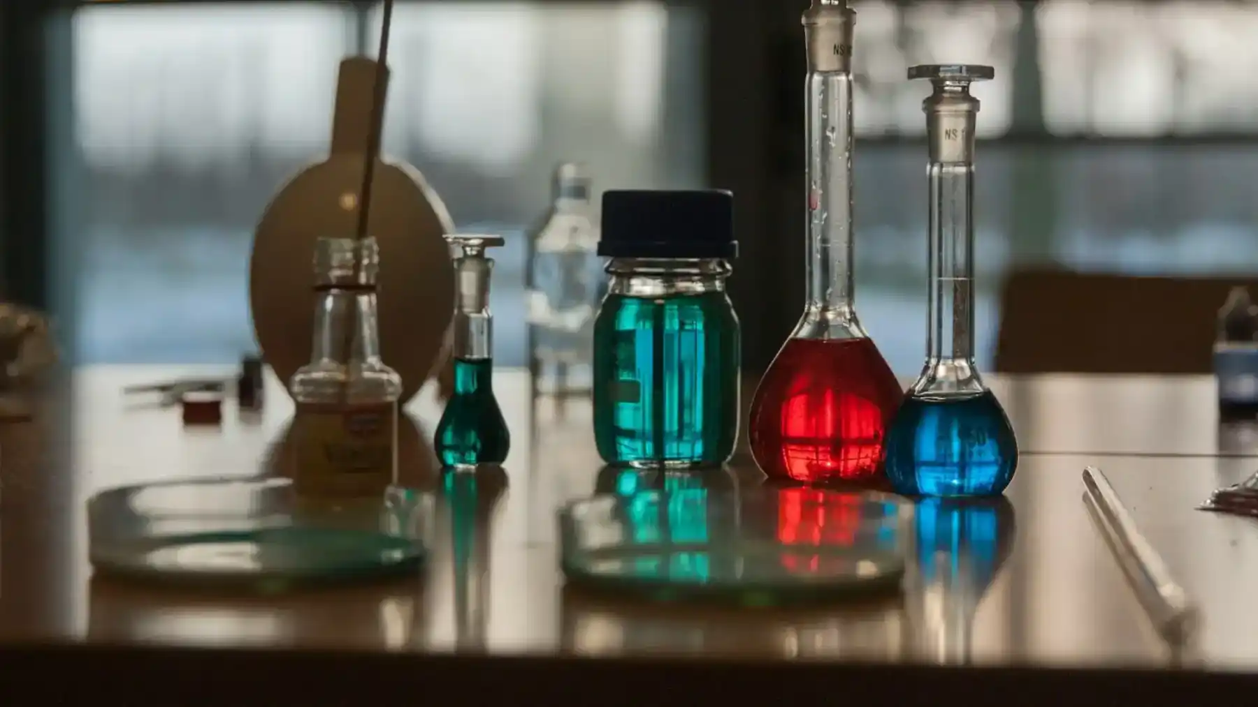 A table topped with flasks filled with liquid